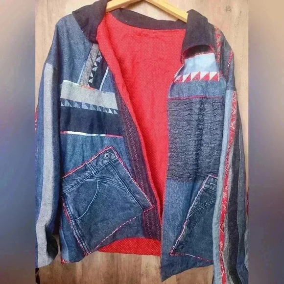 Vintage 90s Hand Made Patchwork Denim Jacket Size LG Women's - Picture 2 of 15